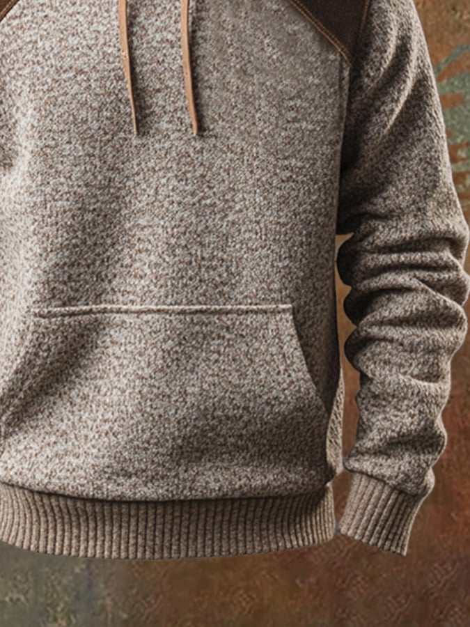 Men'S Vintage Cashmere And Contrast Leather Casual Hooded Sweatshirt