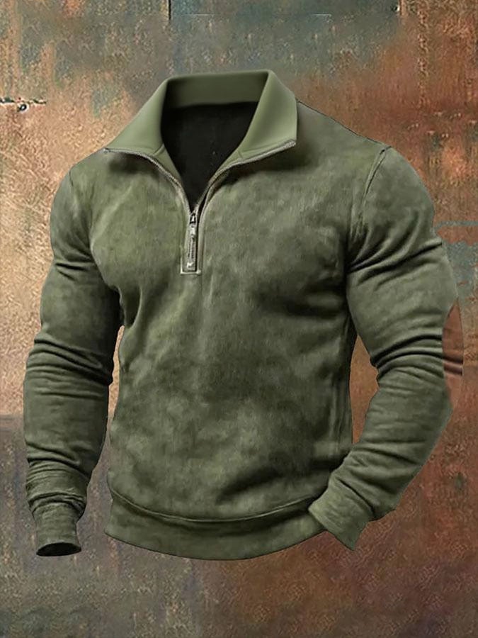 Men's Vintage Outdoor Army Green Suede Colorblock Stitching Pockets Quarter Zip Stand Collar Long Sleeve Sweatshirt