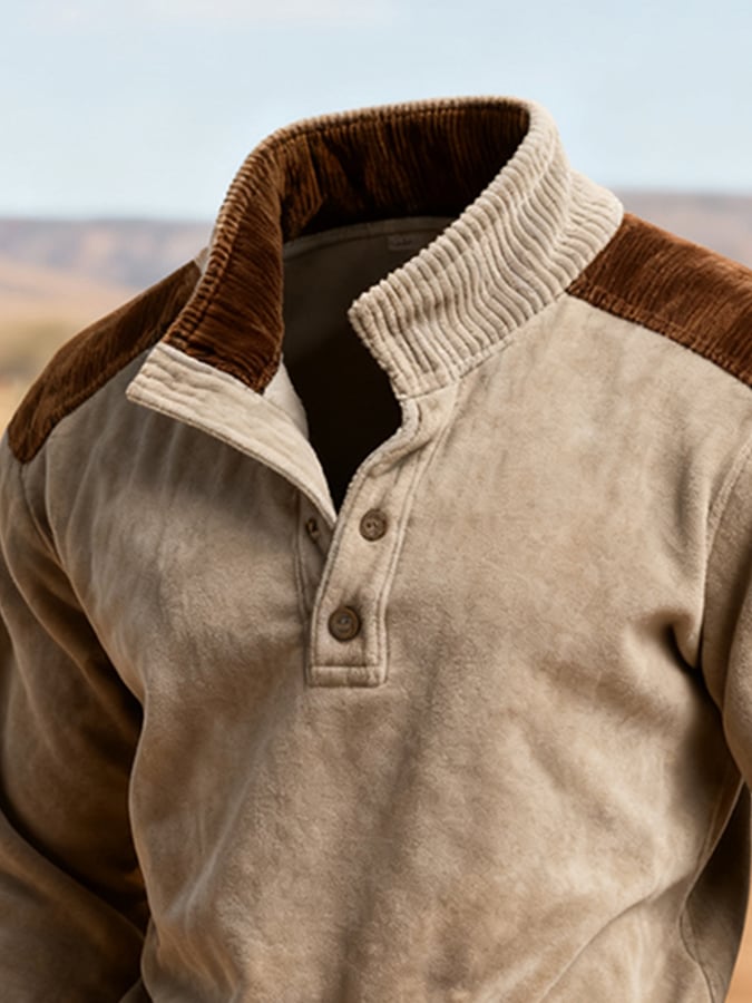 Men's Retro Stitching Contrast Color Henley Collar Long Sleeve Sweatshirt