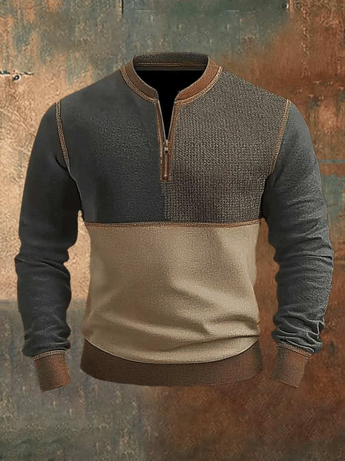 Men'S Casual Retro Contrast Color Half Zip Stand Collar Long Sleeve Sweatshirt