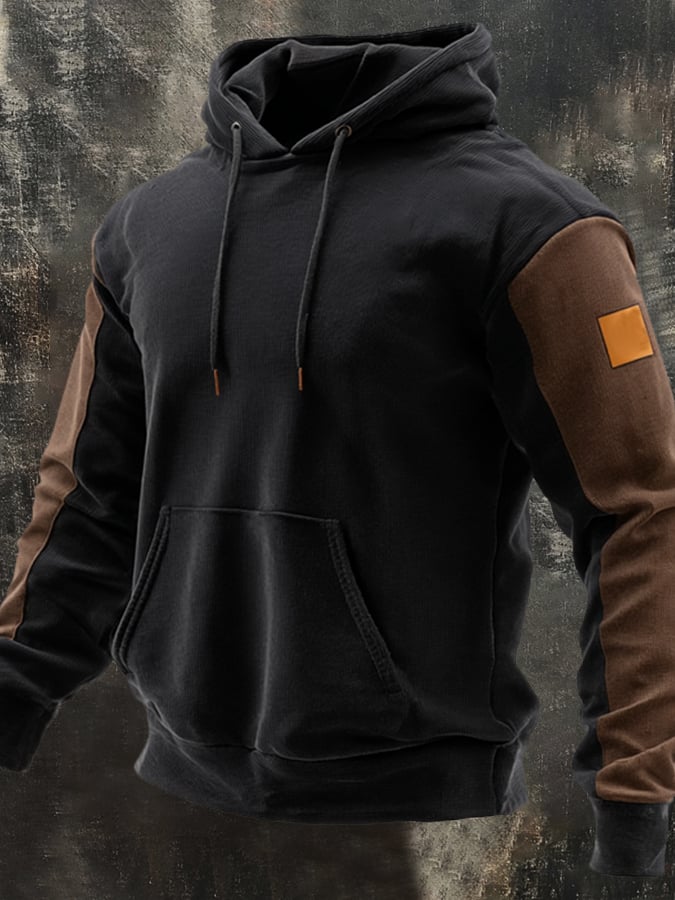 Men's Retro Stitching Contrast Color Hooded Pocket Casual Long Sleeve Sweatshirt