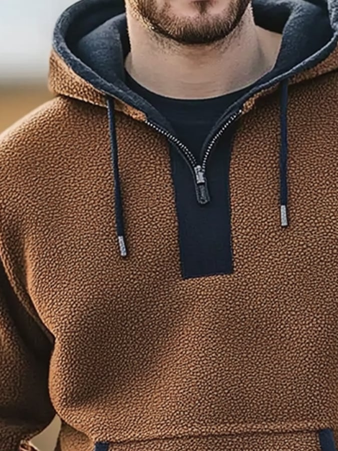 Men's Retro Warm Sherpa Textured Hooded Casual Long-sleeved Sweatshirt