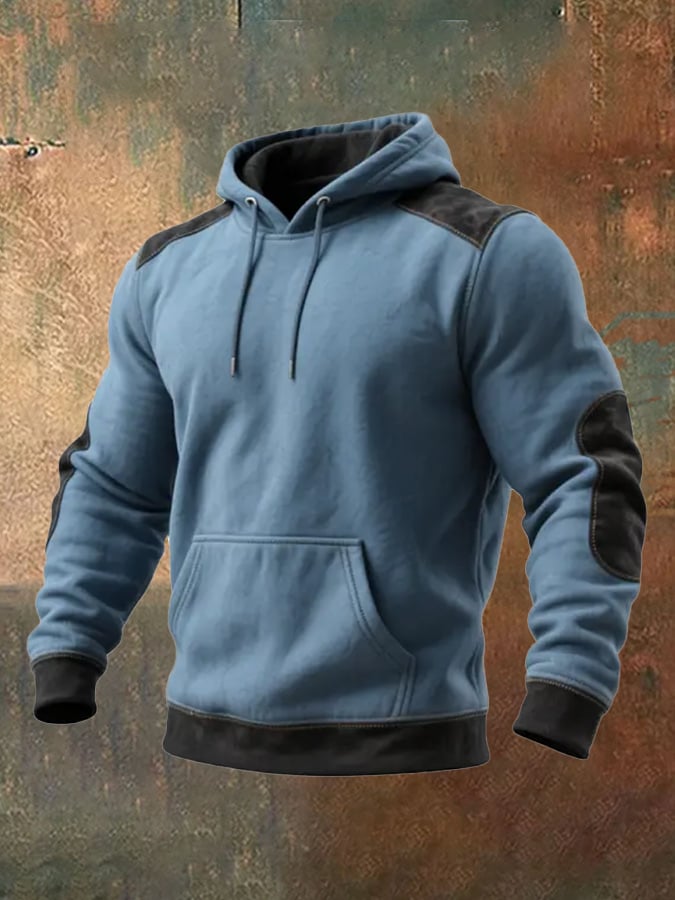 Men's Retro Stitching Contrast Color Hooded Pocket Casual Long Sleeve Sweatshirt