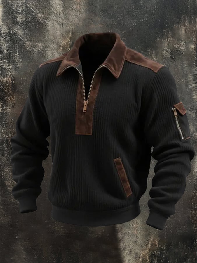 Men'S Casual Contrast Color Zipper Lapel Long Sleeve Sweatshirt