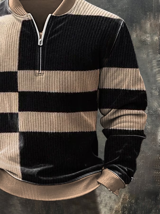 Men'S Casual Retro Contrast Color Half Zip Stand Collar Long Sleeve Sweatshirt