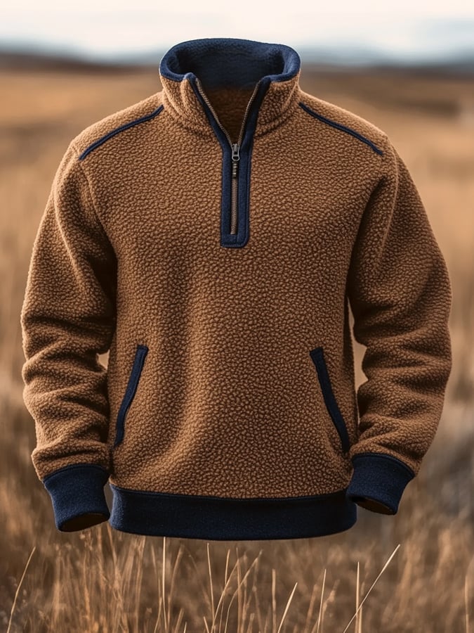 Men's Vintage Lambskin Splicing Zipper Long Sleeve Sweatshirt