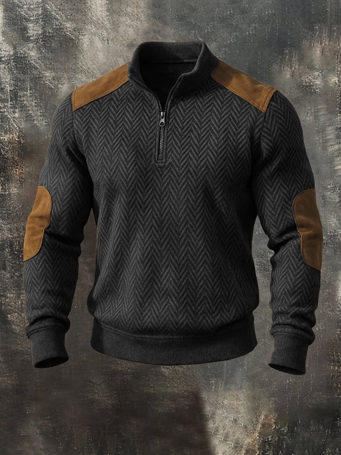 Men'S Casual Retro Contrast Color Zipper Stand Collar Long Sleeve Sweatshirt