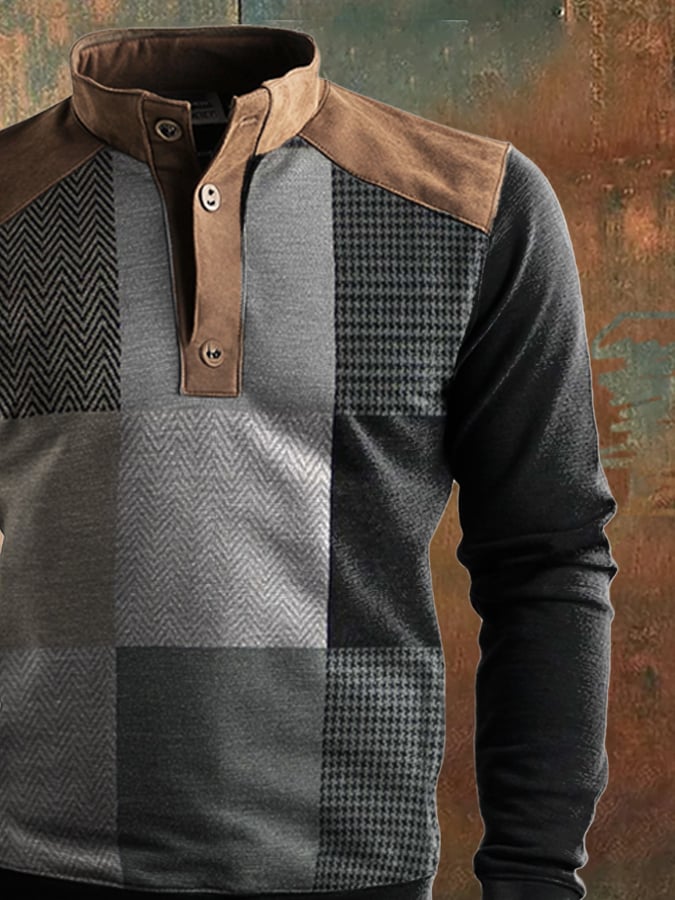 Men'S Casual Retro Contrast Color Stand Collar Long Sleeve Sweatshirt