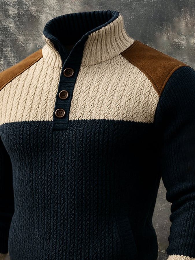 Men's Retro Stitching Contrast Color Button Stand Collar Wool Fisherman Sweater