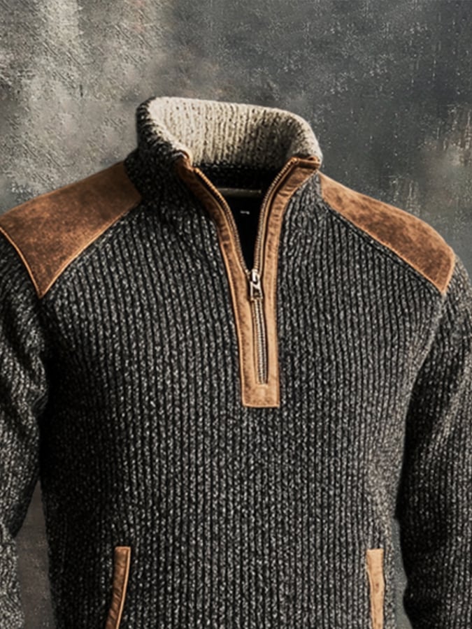 Men's Retro Stitching Contrast Leather Zipper Stand Neck Sweater