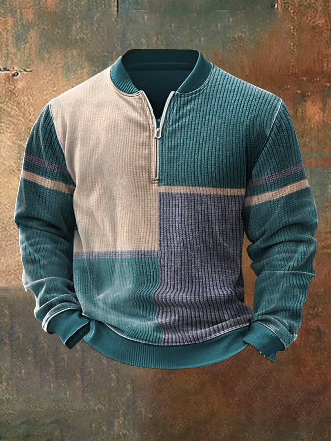 Men'S Casual Retro Contrast Color Half Zip Stand Collar Long Sleeve Sweatshirt