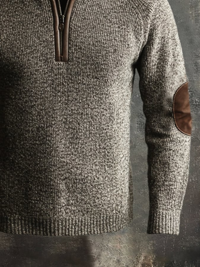 Men's Retro Stitching Contrast Leather Zipper Stand Neck Sweater
