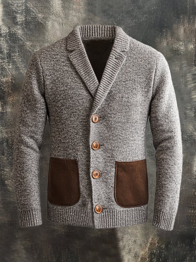 Men's Retro Stitching Contrast Color Cashmere Button Lapel Sweater Jacket