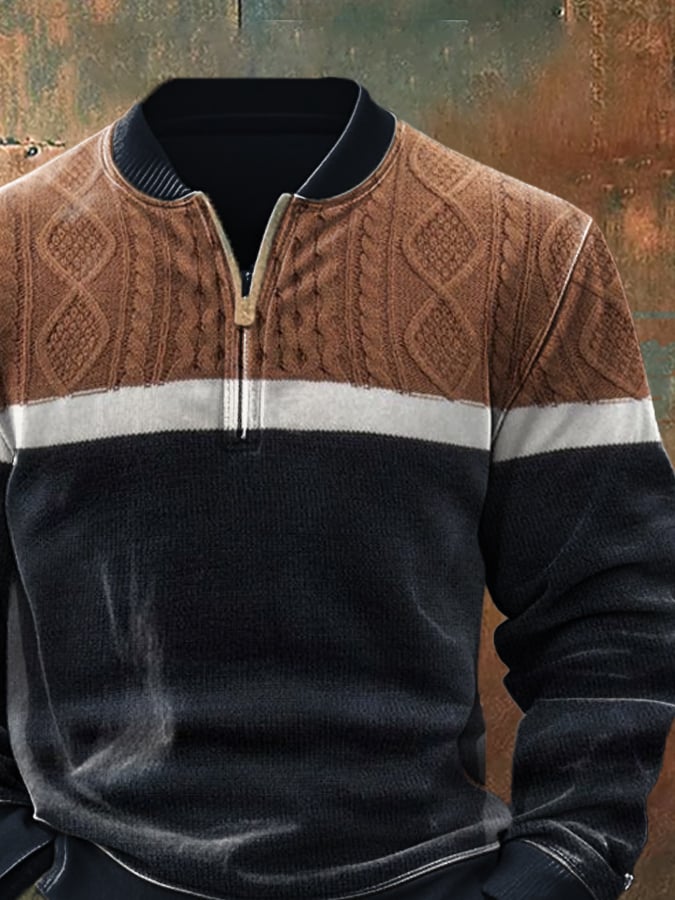 Men'S Casual Retro Contrast Color Half Zip Stand Collar Long Sleeve Sweatshirt