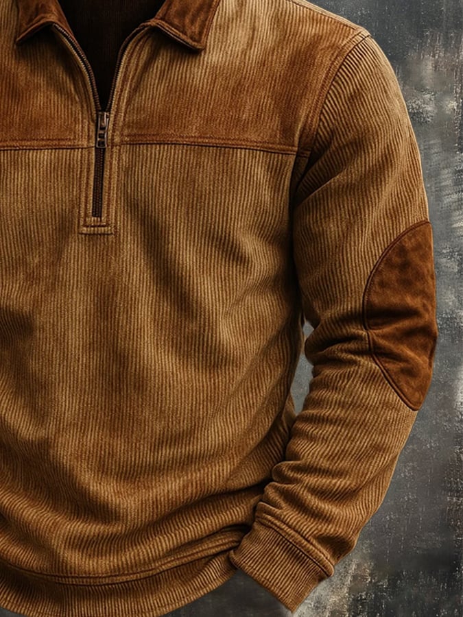 Men's Vintage Distressed Corduroy Zip-Up Collar  Sweatshirt
