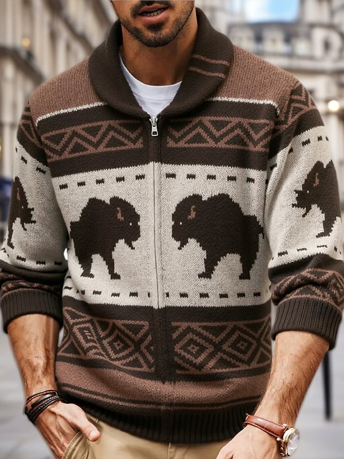 Men's Retro Jacquard Sweater Autumn and Winter Thickened Cardigan Outdoor Sweater