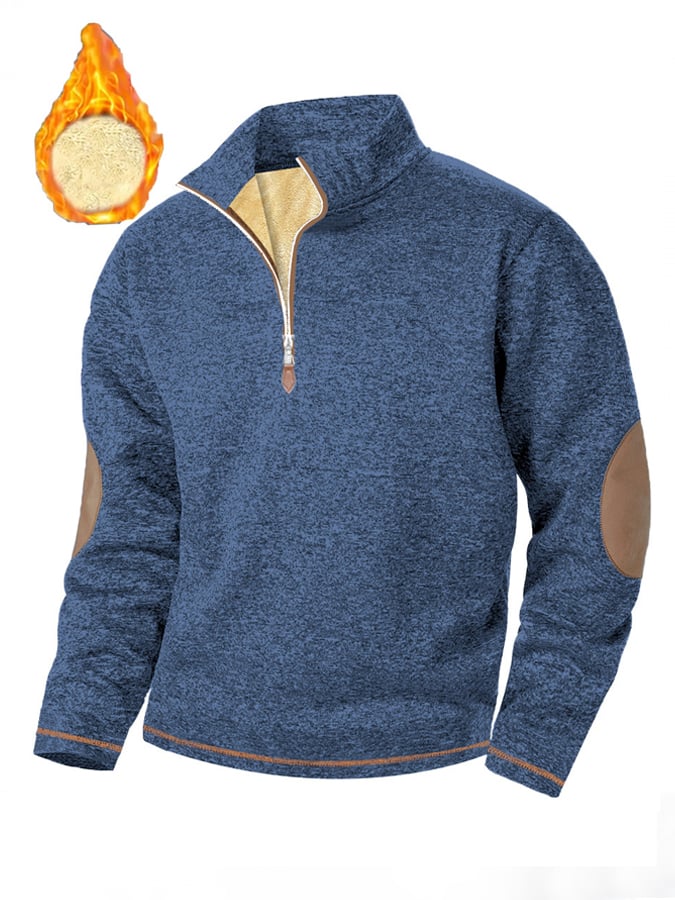 Men's Retro Stitching Contrast Color Lined Lambswool Zipper Neck Sweatshirt