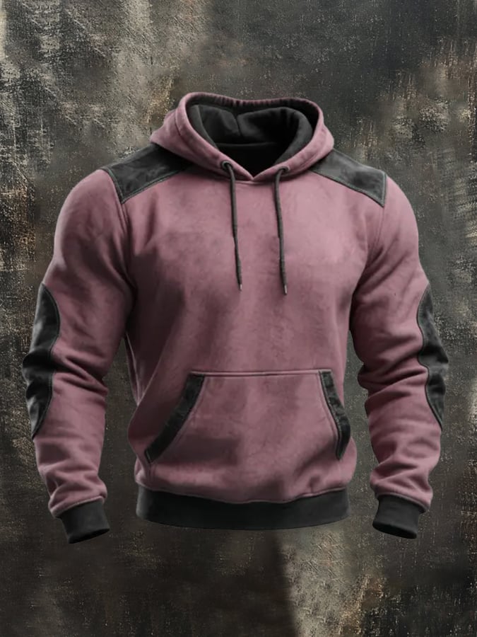 Men's Retro Stitching Contrast Color Hooded Pocket Casual Long Sleeve Sweatshirt