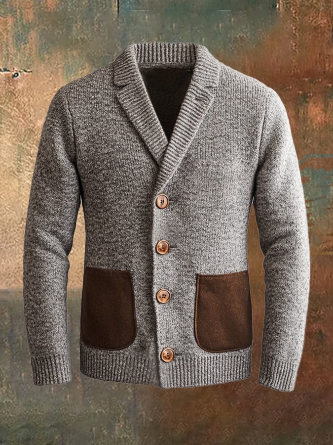 Men's Retro Stitching Contrast Color Cashmere Button Lapel Sweater Jacket