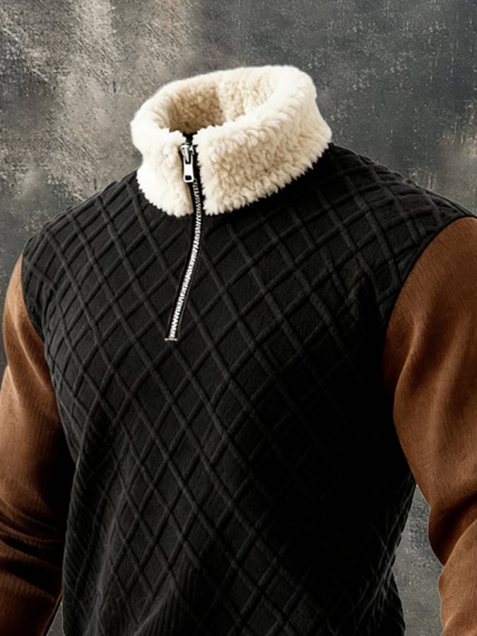 Men'S Warm Plush Half-Zip Stand Collar Knitted Sweater