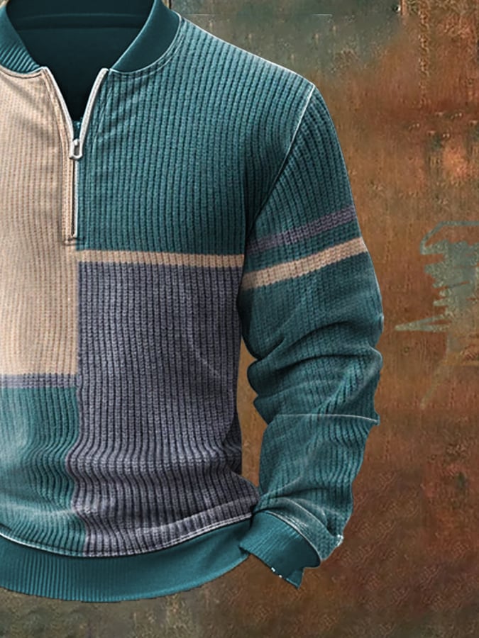 Men'S Casual Retro Contrast Color Half Zip Stand Collar Long Sleeve Sweatshirt