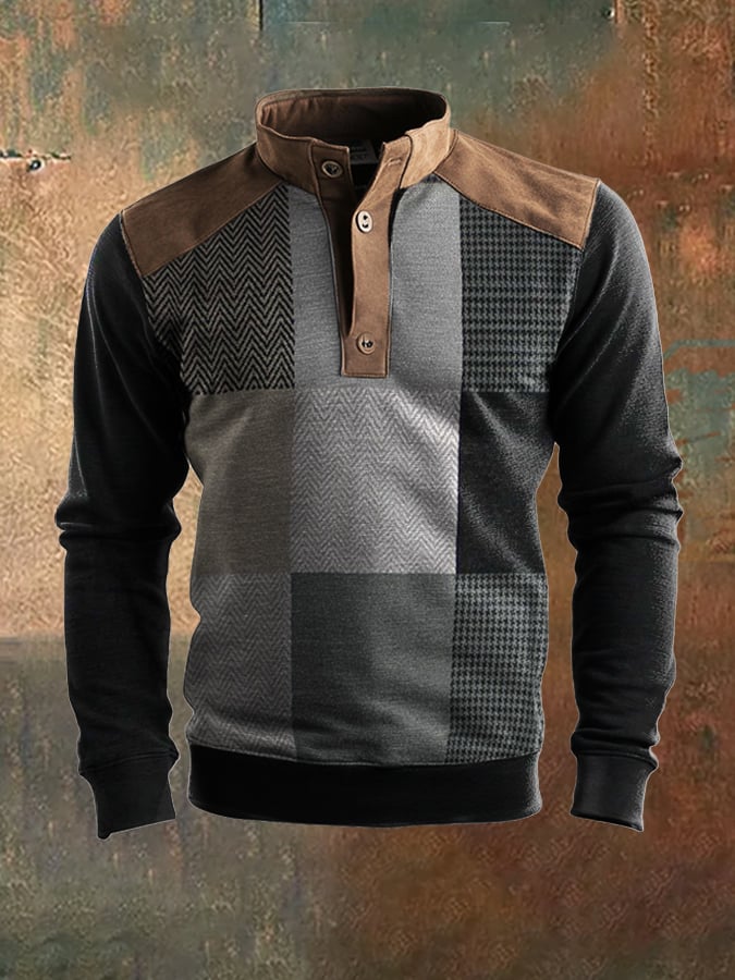 Men'S Casual Retro Contrast Color Stand Collar Long Sleeve Sweatshirt