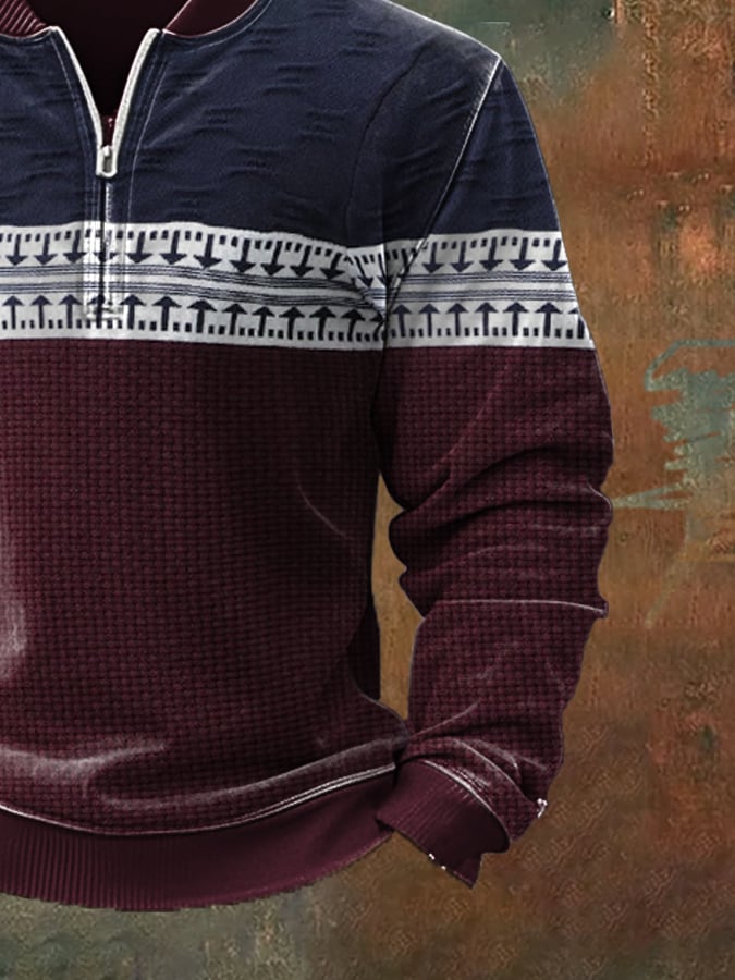 Men'S Casual Retro Contrast Color Half Zip Stand Collar Long Sleeve Sweatshirt