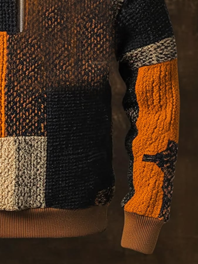 Men'S Casual Retro Contrast Color Half Zip Stand Collar Long Sleeve Sweatshirt