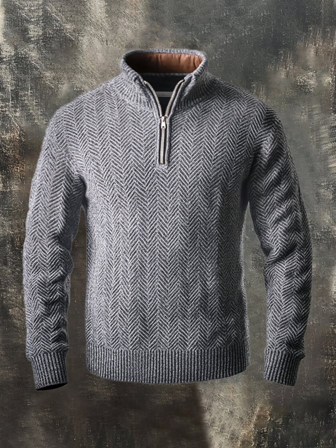 Men's Vintage Herringbone Knit Zip-Up Stand Collar Sweater