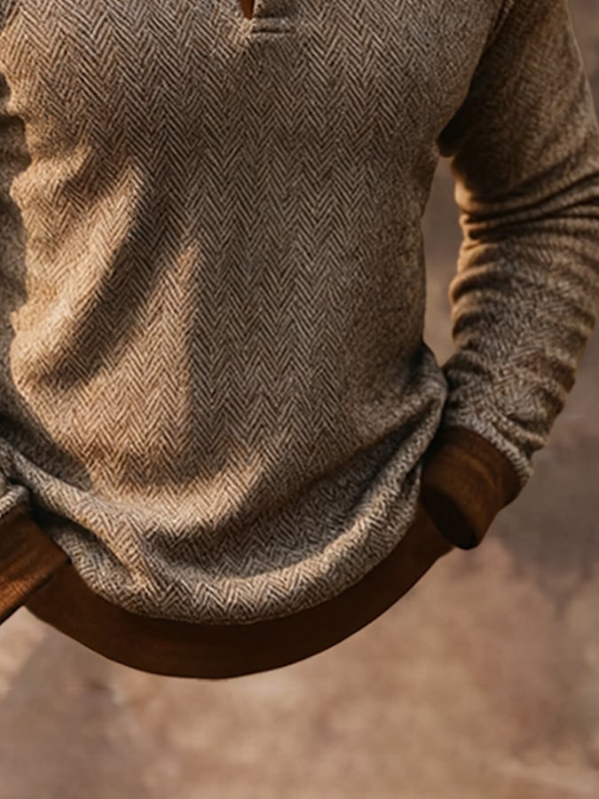Men's Retro Herringbone Pattern Contrast Color Henley Collar Long Sleeve Sweatshirt