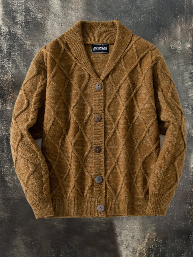 Men's Retro Diamond Pattern Knitted Cardigan Sweater Autumn and Winter Thickened Wool Sweater Jacket