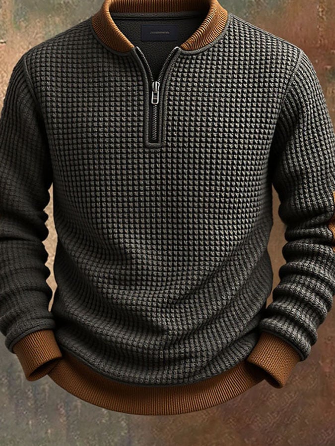 Men's Casual Retro Solid Color Half Zip Stand Collar Waffle Sweatshirt