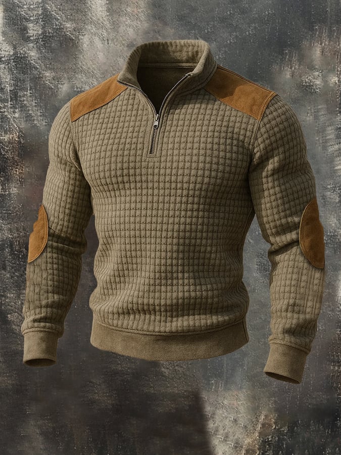 Men'S Casual Retro Contrast Color Zipper Stand Collar Long Sleeve Sweatshirt