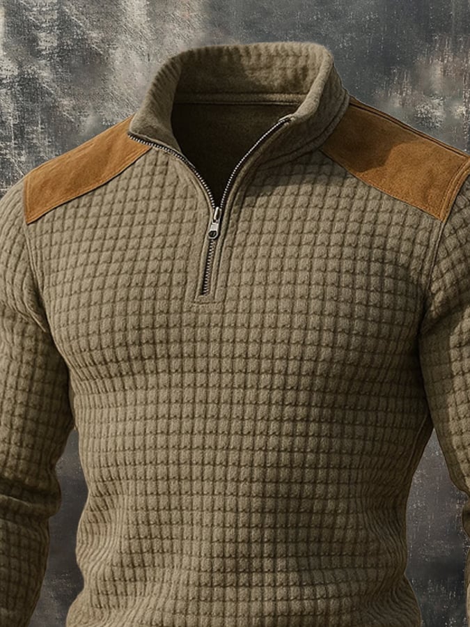 Men'S Casual Retro Contrast Color Zipper Stand Collar Long Sleeve Sweatshirt