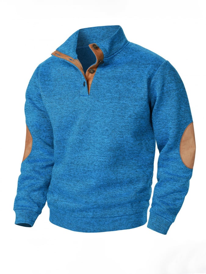 Men's Retro Stitching Contrast Color Henley Collar Long Sleeve Sweatshirt